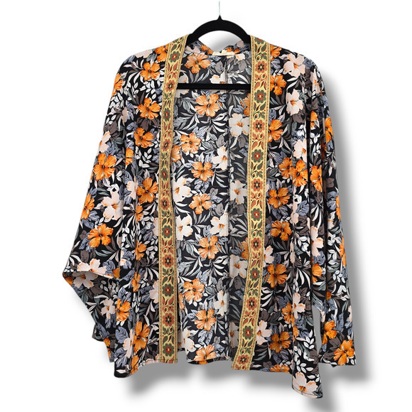 easel Tops - Easel Women's Boho Tropical Floral Tapestry Detail Cardigan Kimono Black Small‎